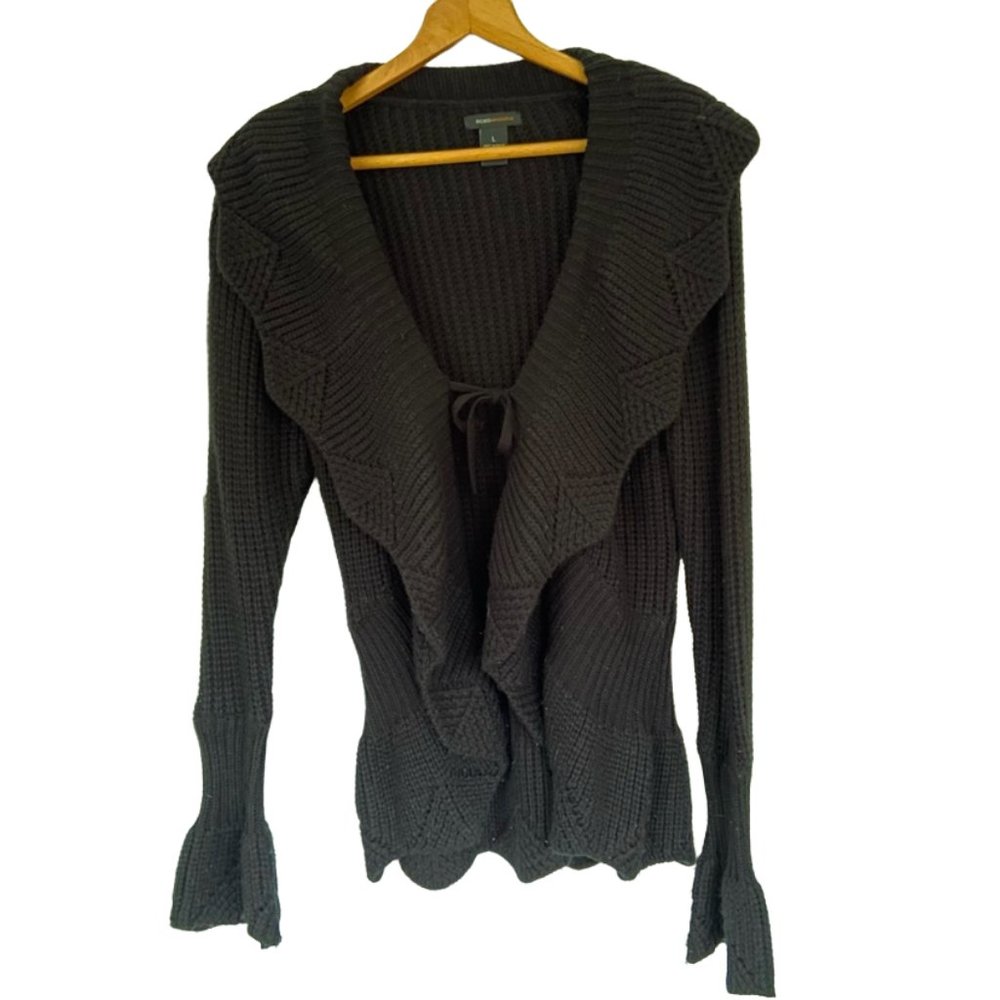 {BCBG Max Azria} Retro Wavy Butterfly Black Tie Front Cardigan - Large
